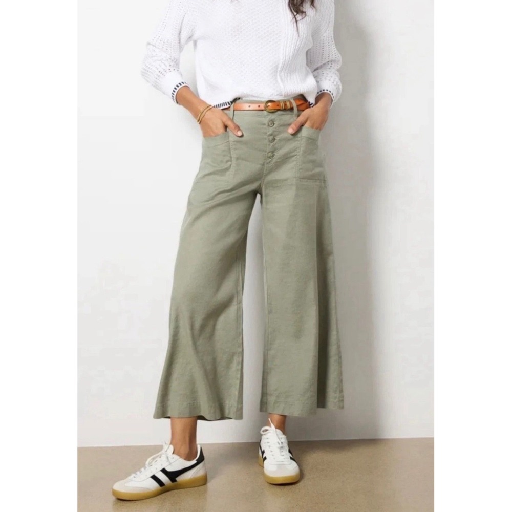 Evereve Women Joelle Wide Leg Cropped Pant 29 Linen Blend Patch Pockets Green